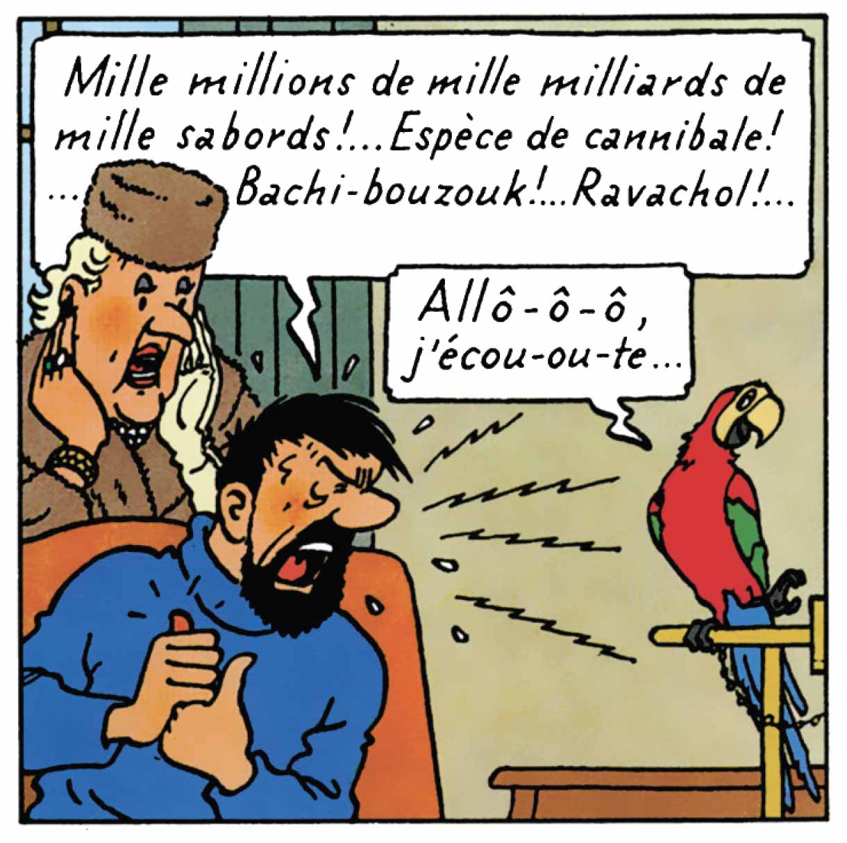 Le capitaine Haddock, furieux, lance une rafale de jurons face à un perroquet.