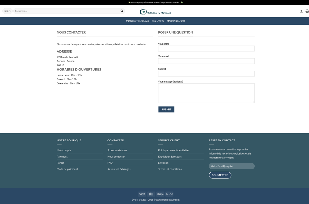 Page contact : adresse Rennes 80215, formulaire en anglais, pas d’email ni téléphone