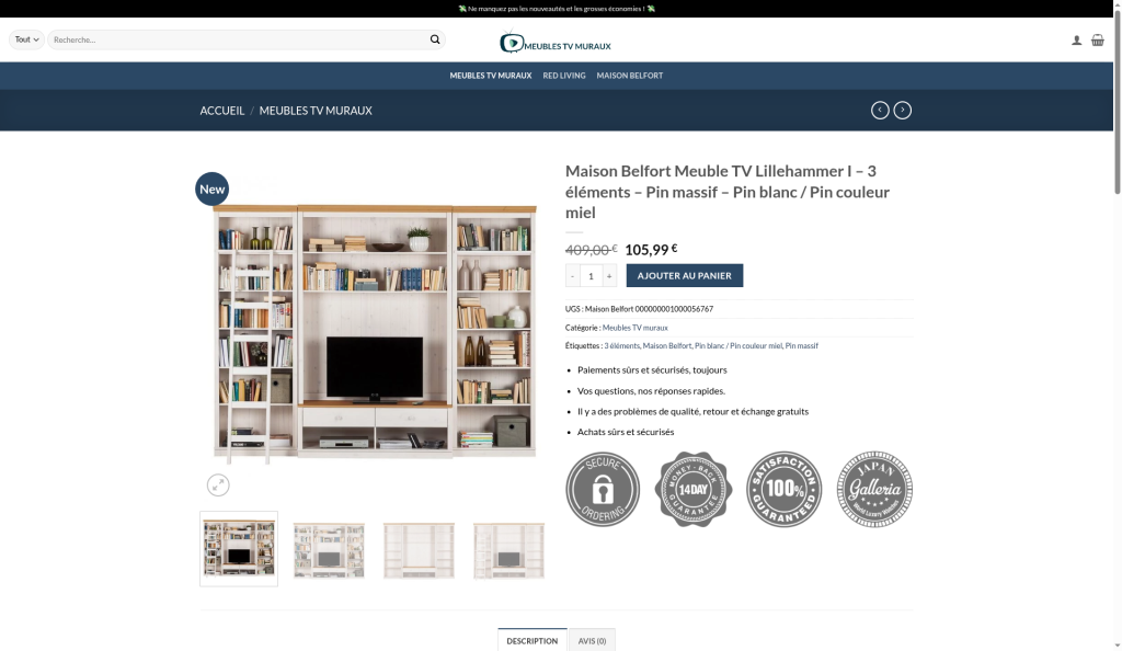 Page produit meublestvfr.com : même meuble à 105,99 €