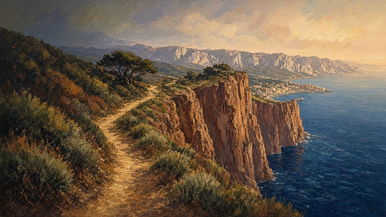 Peinture d’un sentier de la route des Crêtes, inspiré du cap Canaille : falaises rouges au-dessus de la mer et Cassis au loin.